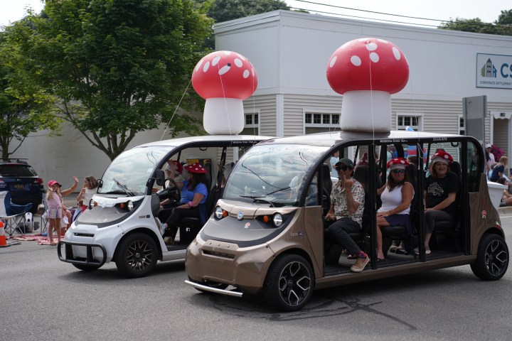 Two small vehicles with giant mushroom decorations in a parade.
